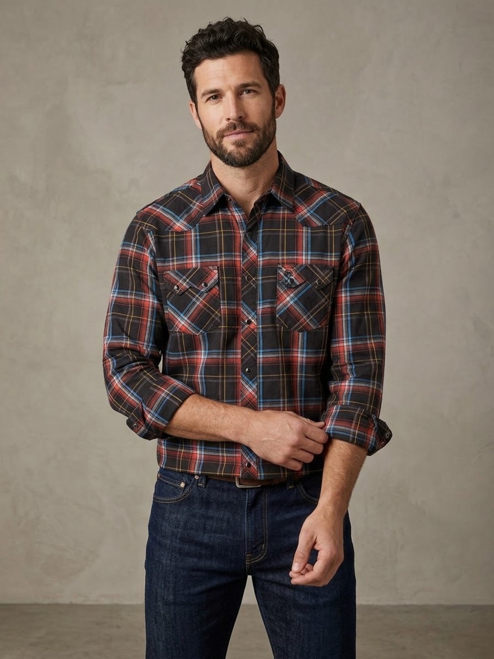 Wrangler Retro Western Shirt Men's Plaid Snap Shirt in Black & Red